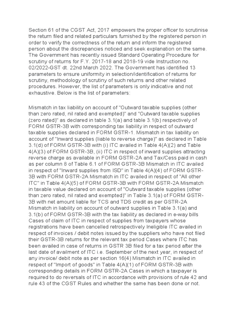 Section 61 GST Scrutiny SOP Overview | PDF | Taxes | Invoice