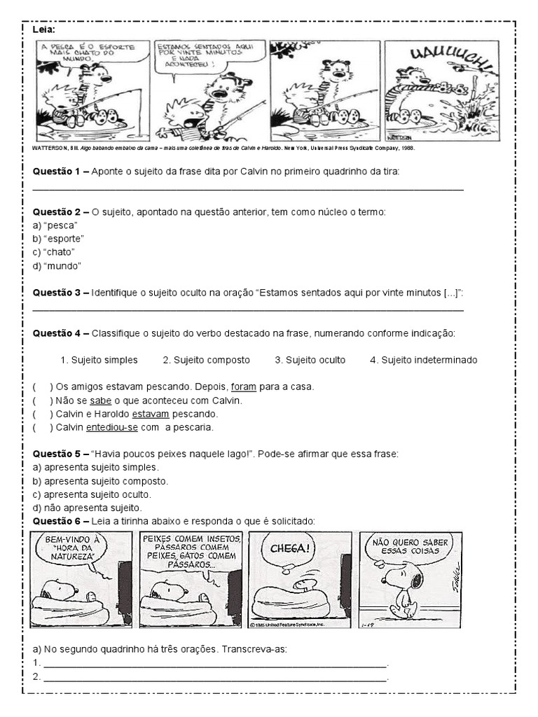 Atividade de Portugues Tipos de Sujeito Na Tira 7º Ano Word | PDF ...