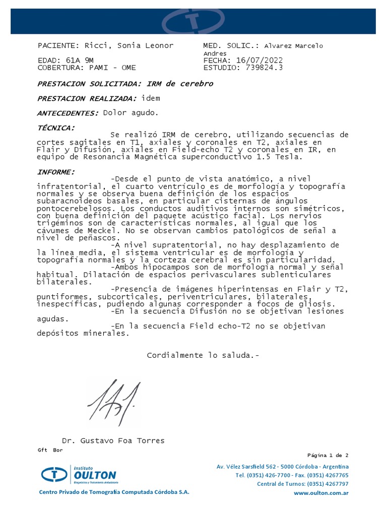 Informe 1 PDF Imagen De Resonancia Magn tica Cerebro