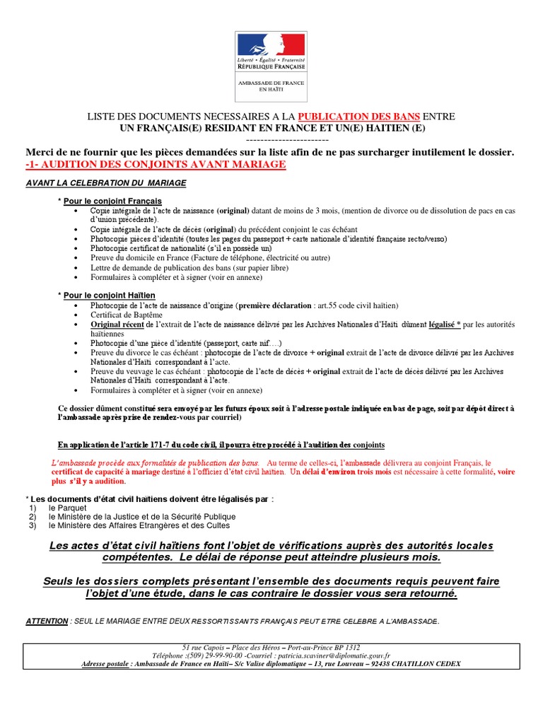 Liste Mariage Avec Publication Des Bans Entre Francais Residant en France Et Un Haitien PDF