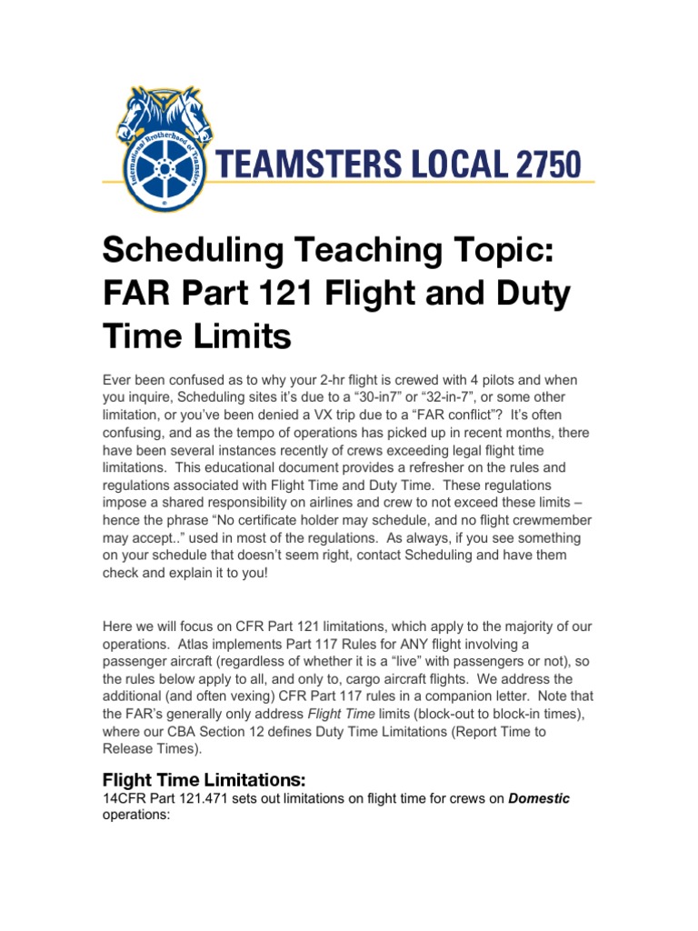 Scheduling Teaching Topic: FAR Part 121 Flight and Duty Time Limits ...