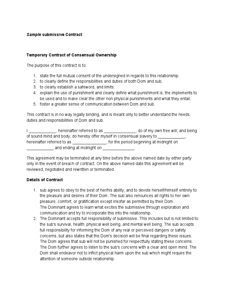 Sample Submissive Contract Template | PDF | Dominance And Submission ...