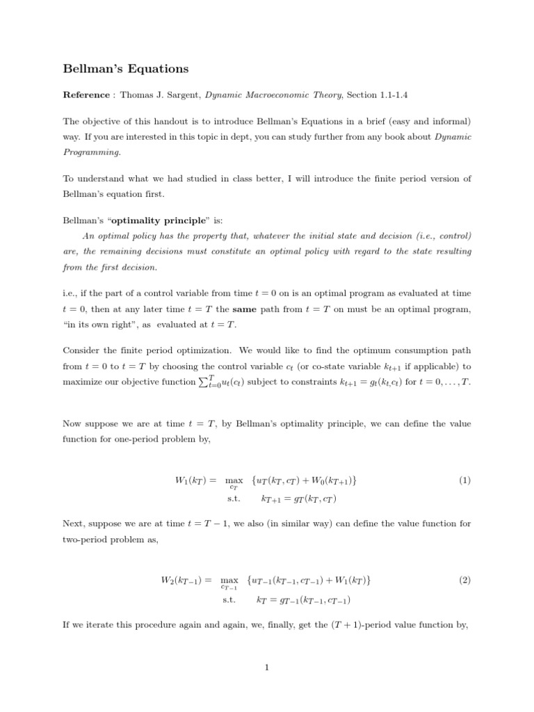 Bellman's Equations T t+1 T T 0 T T t+1 T T, T PDF Mathematical Optimization Areas Of