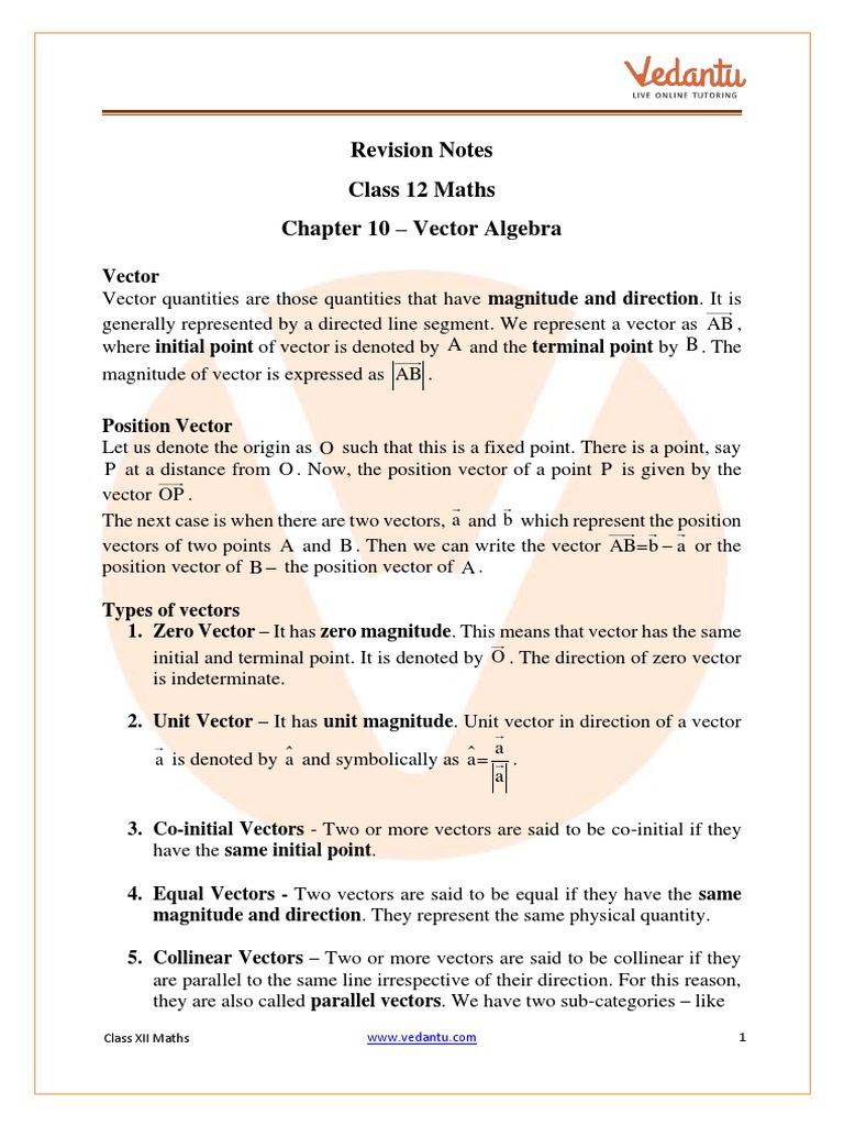 Class 12 Revision Notes Vector Algebra | PDF | Euclidean Vector | Triangle