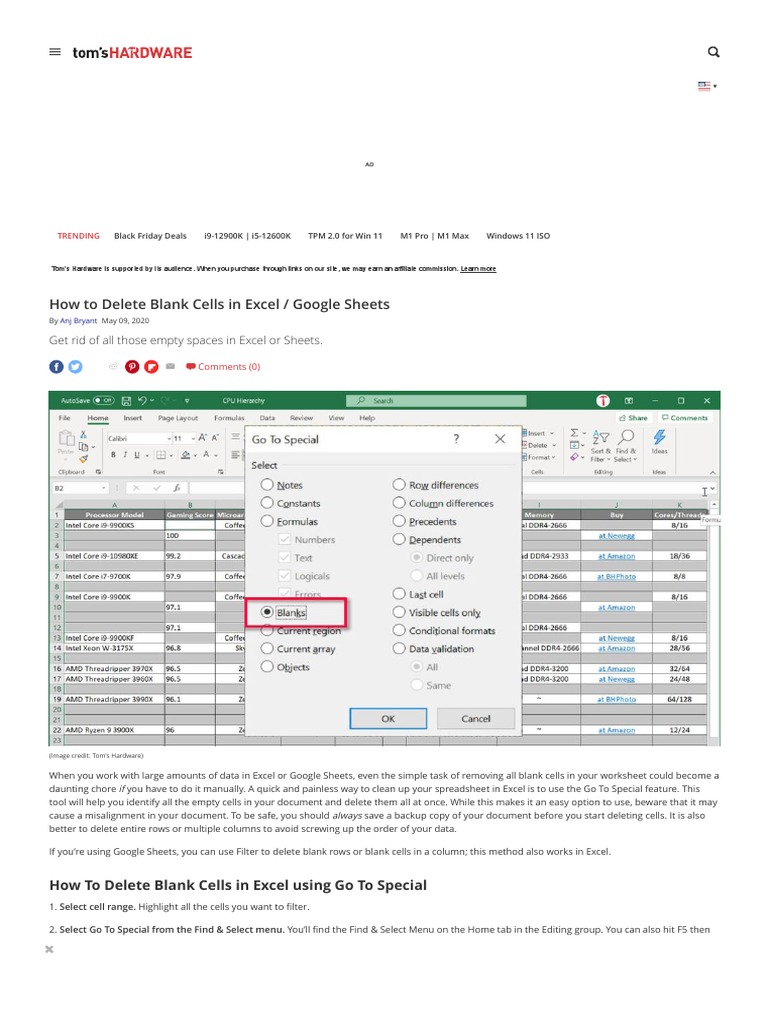 How To Delete Blank Cells in Excel - Google Sheets - Tom's Hardware ...