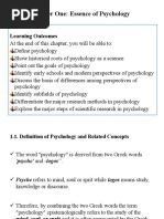 Chapter One: Essence of Psychology: Learning Outcomes