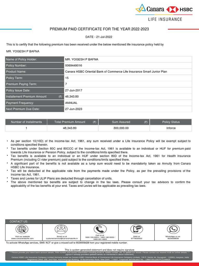 Premium Paid Certificate For The Year 20222023 PDF Life Insurance
