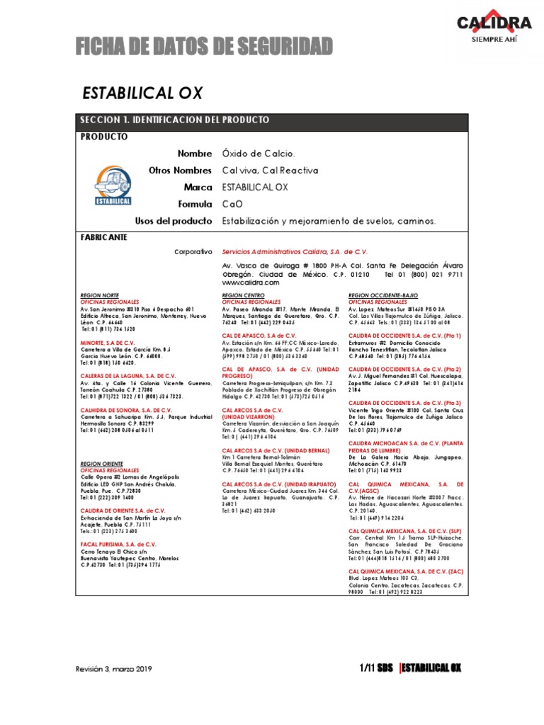 SDS Oxido de Calcio ESTABILICAL Rev 3 | PDF | Agua | Residuos