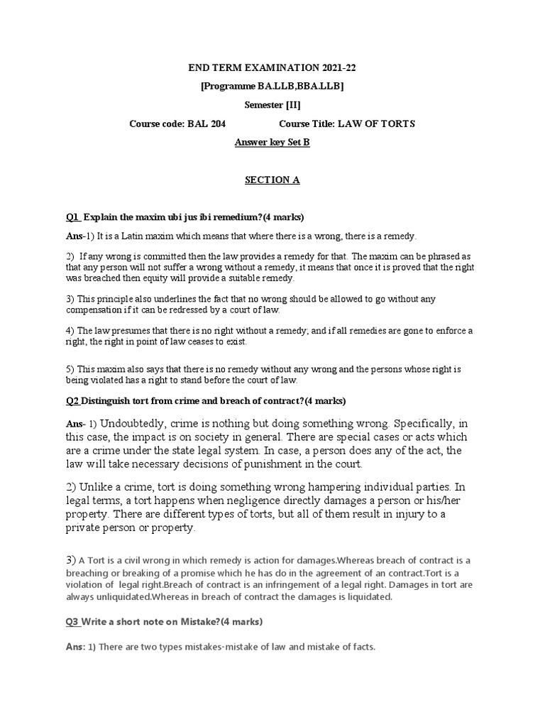 Law of Torts Exam Answer Key 2021-22 | PDF | Tort | Negligence