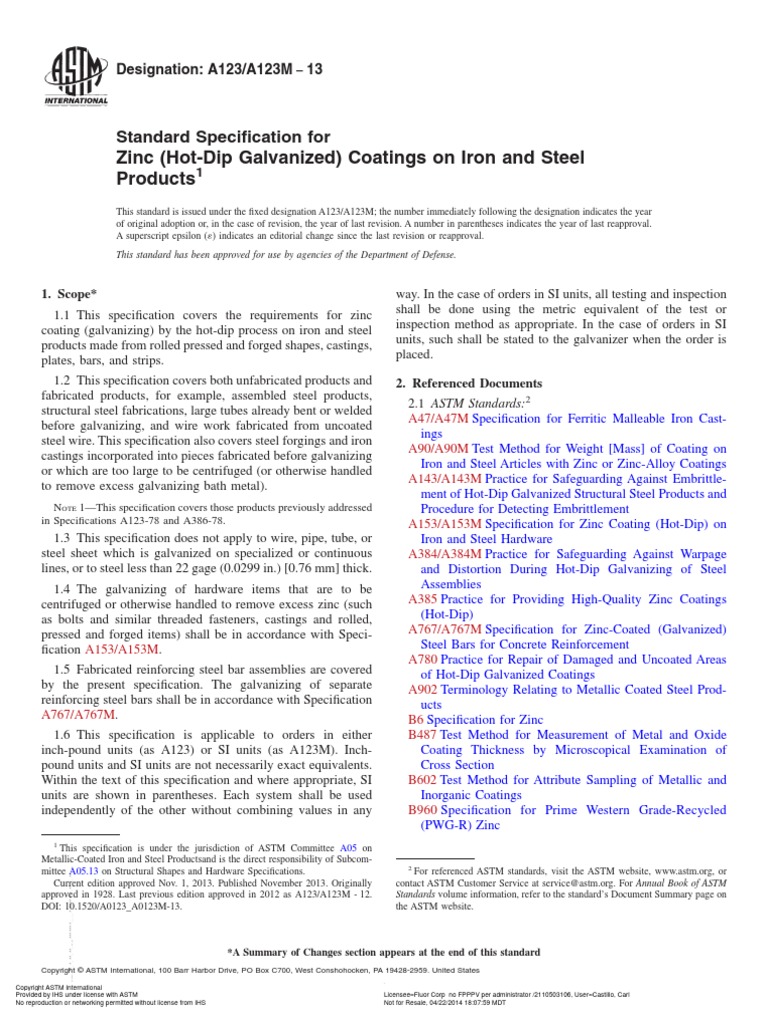 ASTM A123 Standard Specification For Zinc (HotDip Galvanized) Coatings