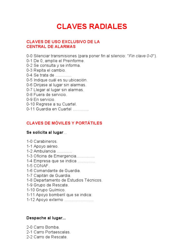 Claves Radiales de Bomberos Seguridad Pública Servicios públicos