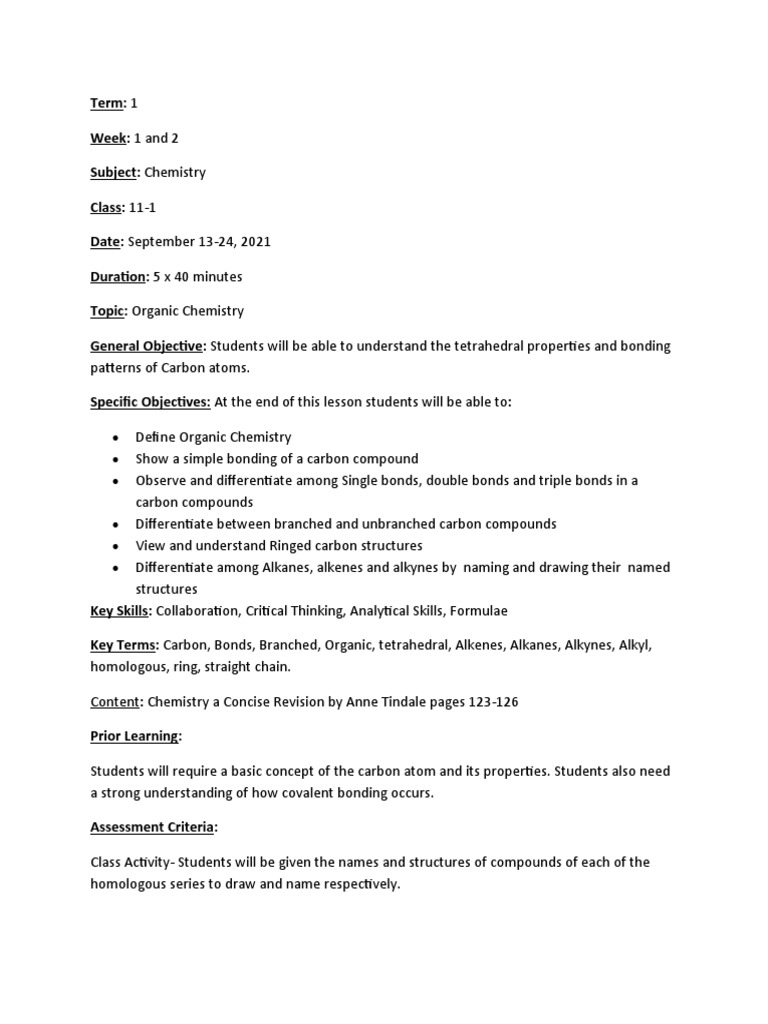 Grade 11 Chemistry Lesson 1 | PDF | Chemical Bond | Alkene