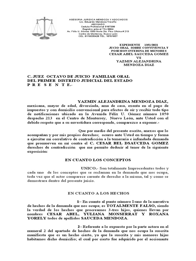 Contestación a Demanda de Convivencia Familiar | PDF | Demanda judicial ...