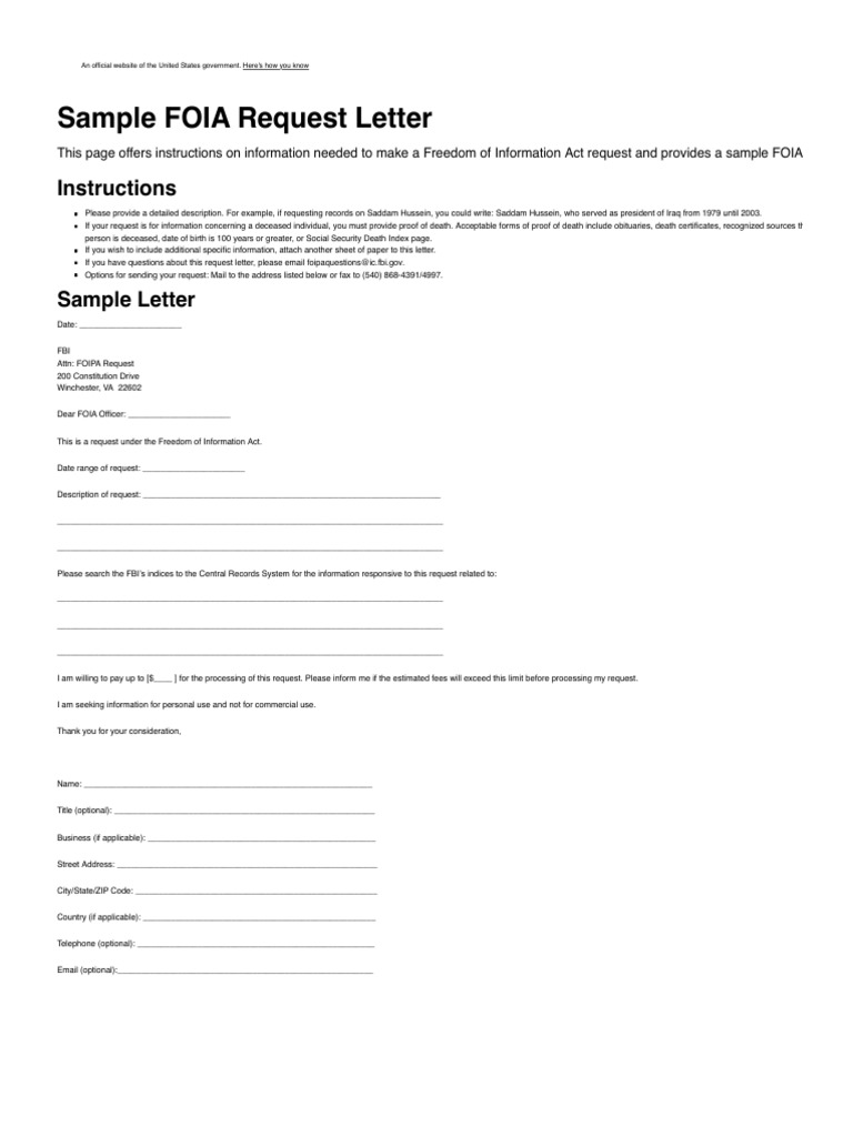 Sample foia request letter fbi pdf federal bureau of