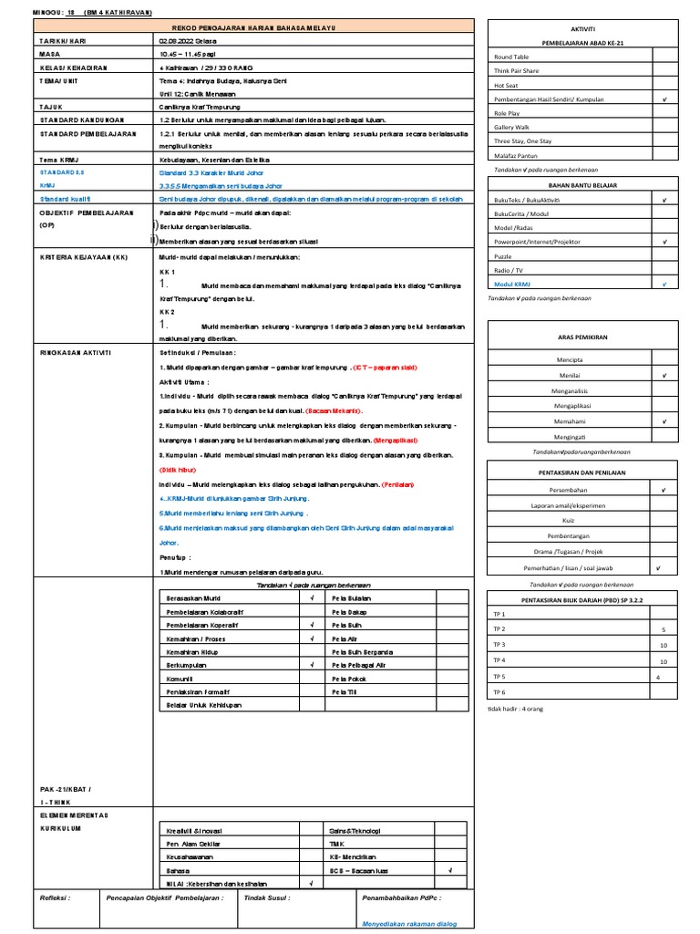 RPH BM SP 1.2.1 Bertutur Dan Memberikan Alasan Secara Bertatasusila | PDF