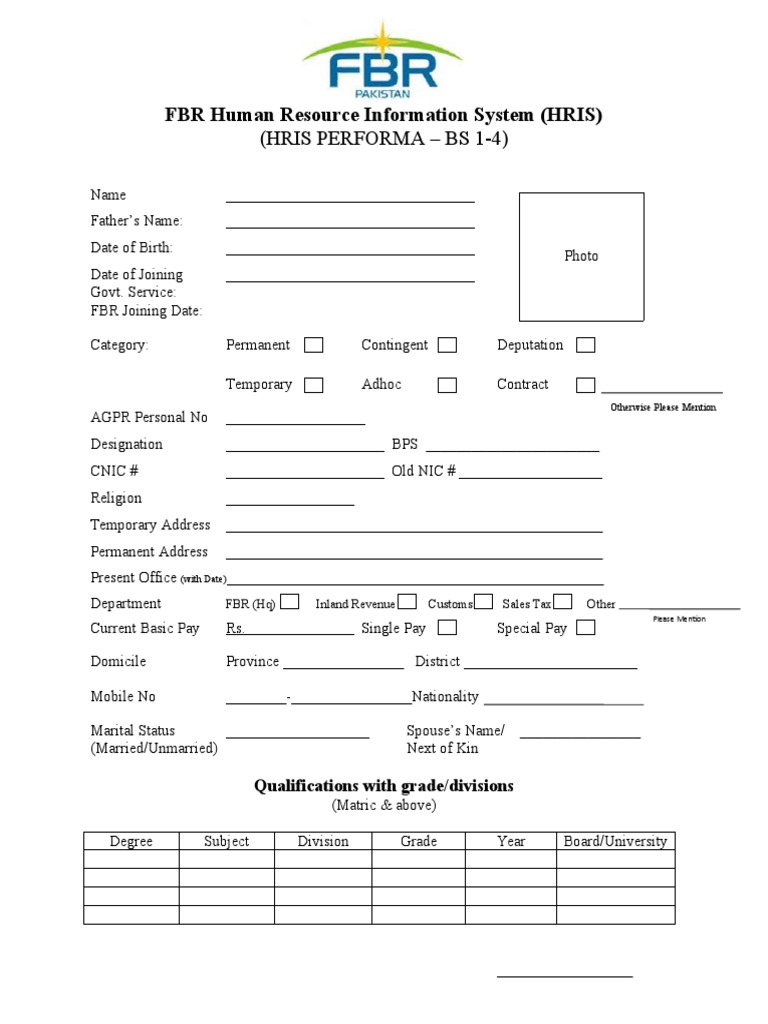 FBR Human Resource Information System (HRIS) | PDF