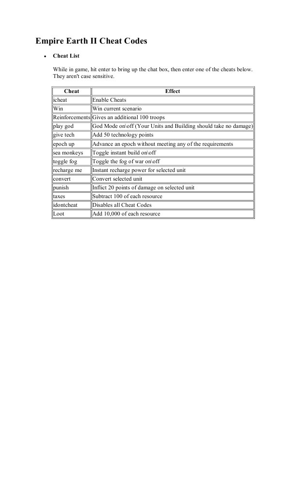 Empire Earth II Cheat Codes | PDF