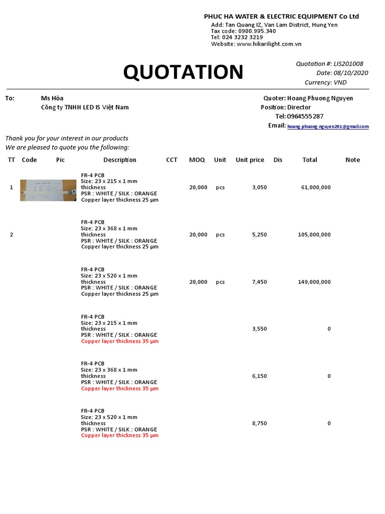 Quotation: Quoter: Hoang Phuong Nguyen Công ty TNHH LED IS Việt Nam ...