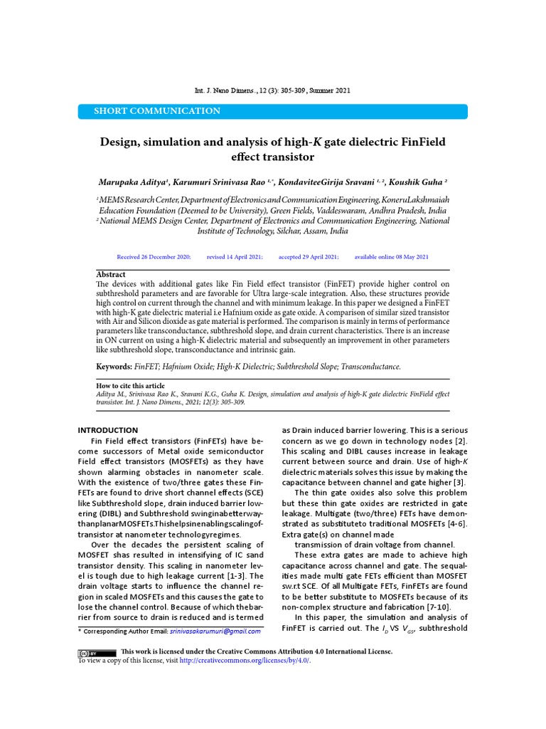 High-K Dielectric FinFET Design Analysis | PDF | Field Effect ...