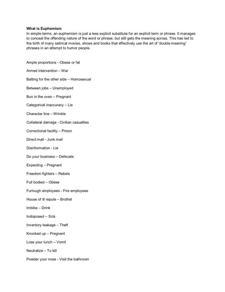Euphemism Words List and Examples | PDF