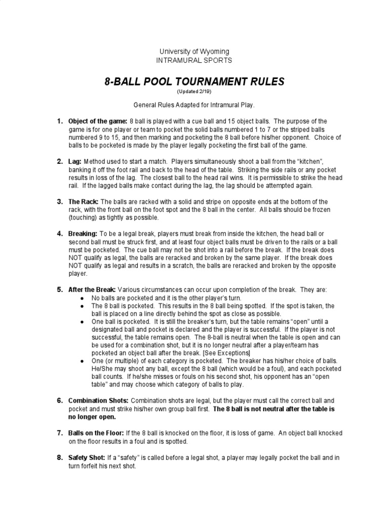 8Ball Pool Tournament Rules University of Wyoming Intramural Sports PDF Leisure Games Of