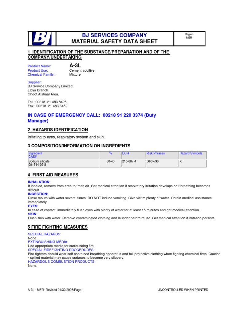 MSDS A3 L Dangerous Goods Personal Protective Equipment
