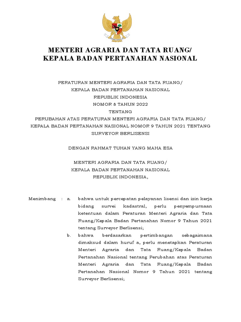 Permen ATR KBPN Nomor 8 Tahun 2022 Tentang Perubahan Atas Permen ATR