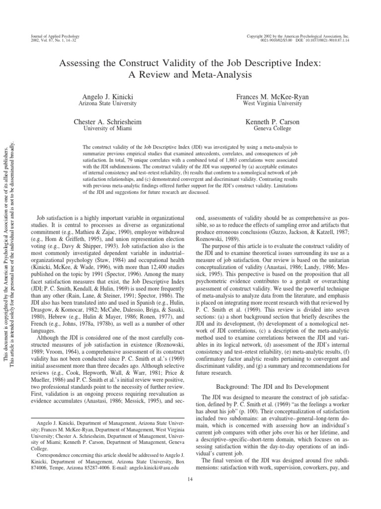 Job Satisfaction Kinicky | PDF | Job Satisfaction | Validity (Statistics)