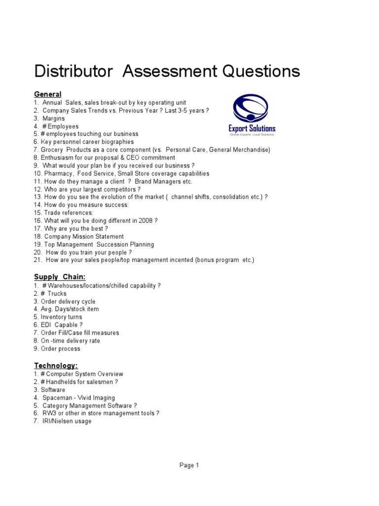 Template Distributor Assessment Questions PDF