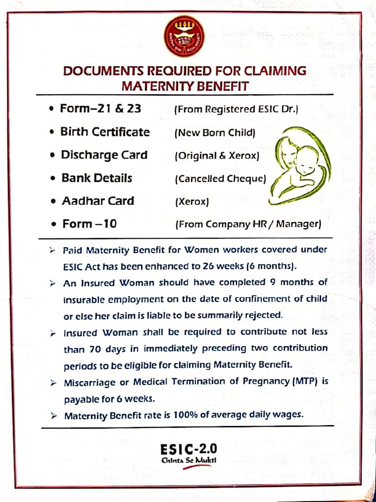 ESIC Documents Required For Claiming Maternity Benefits PDF