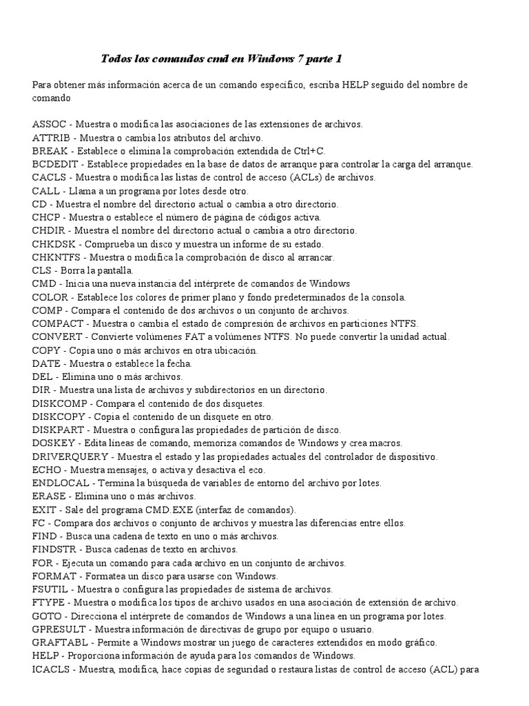 ART 245 Comandos CMD en Windows 7 Parte 1 | PDF | Archivo de ...