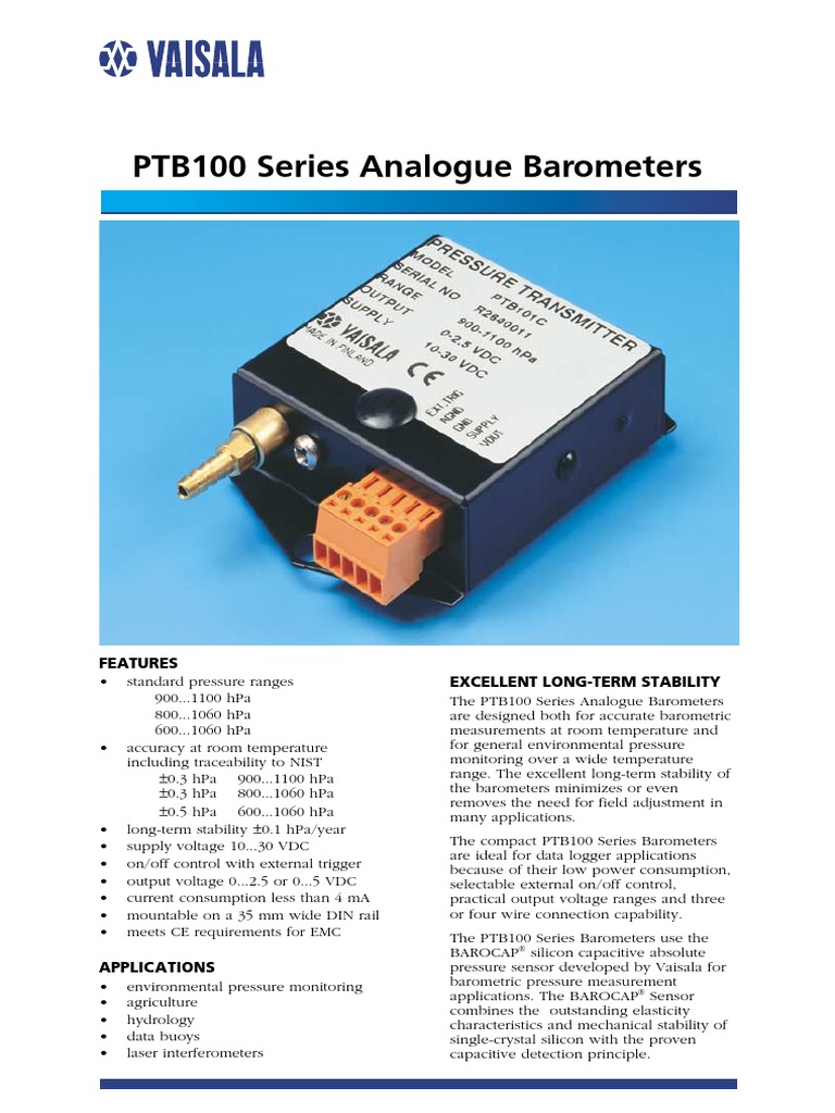 PTB100 Series Analogue Barometers Features Excellent LongTerm