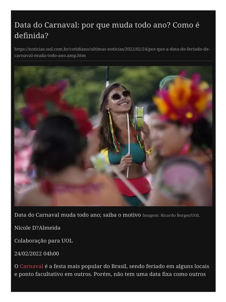 Data Do Carnaval Por Que Muda Todo Ano Como É De+ PDF Carnaval Páscoa