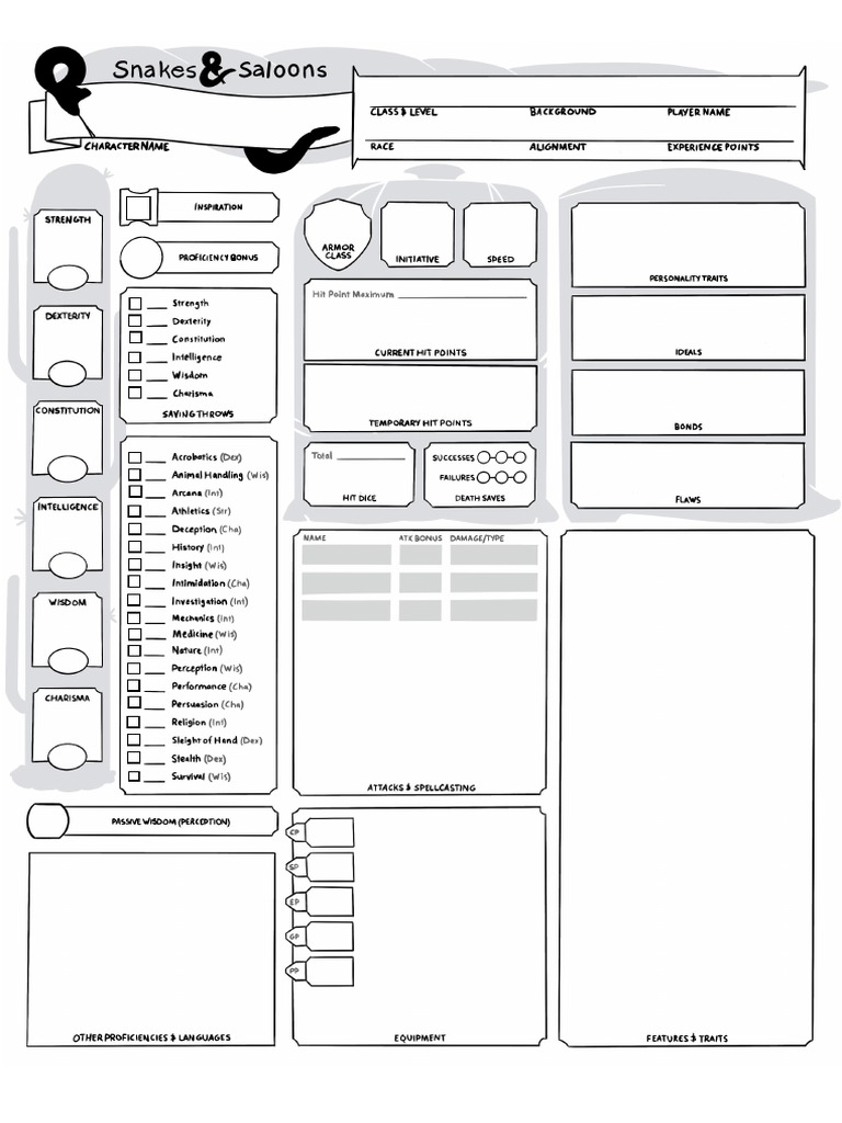 Snakes Saloons Character Sheet v2 Ammo Tracker 5eFORM FILLABLE PDF