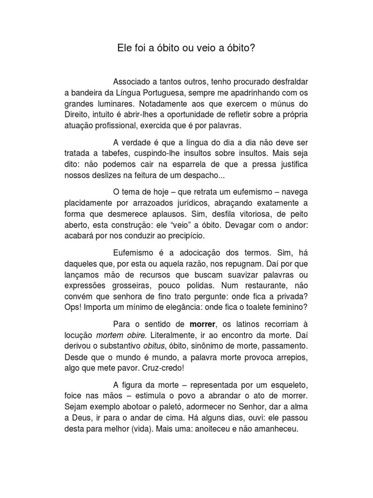 Ele foi a óbito ou veio a óbito? Uma análise sobre eufemismos PDF Morte