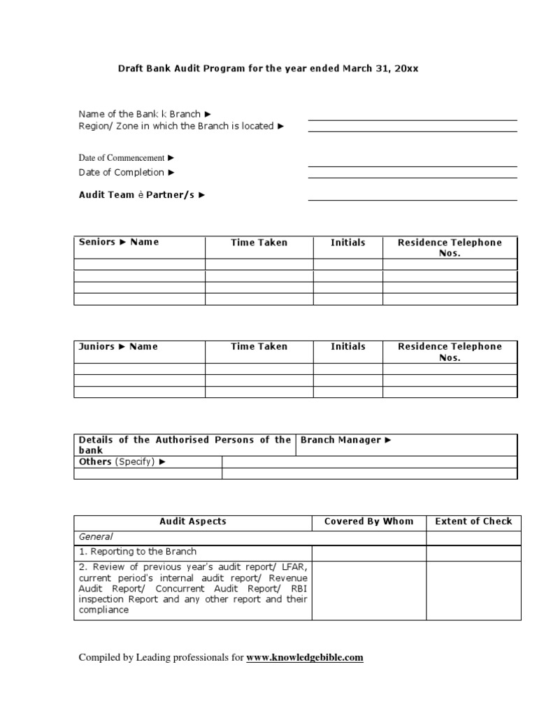 Bank Audit Program Debits And Credits Deposit Account