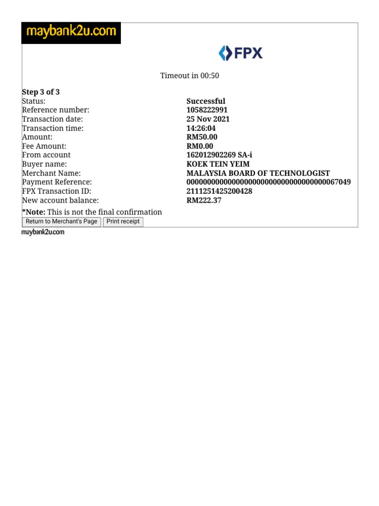 Successful Payment Receipt for RM50 | PDF