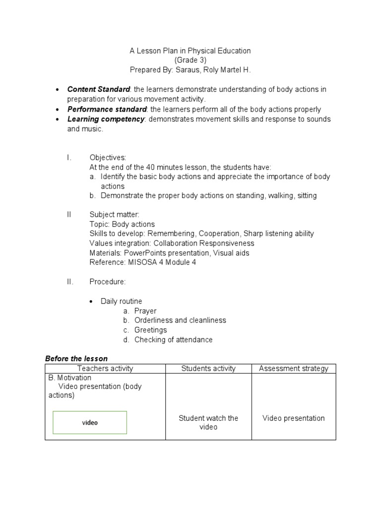Proper Body Mechanics A Lesson Plan on Identifying and Demonstrating