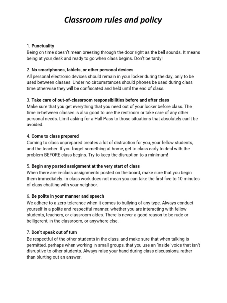 Classroom Rules and Policy PDF Classroom