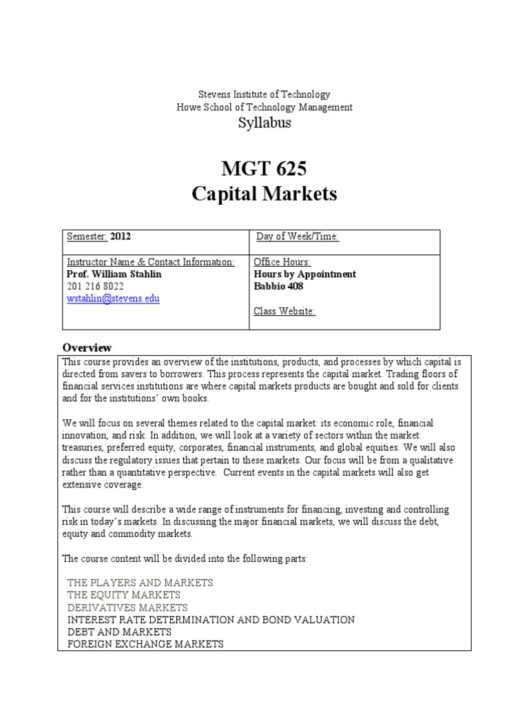 Capital Markets Course Syllabus MGT 625 | PDF | Capital Market | Market ...