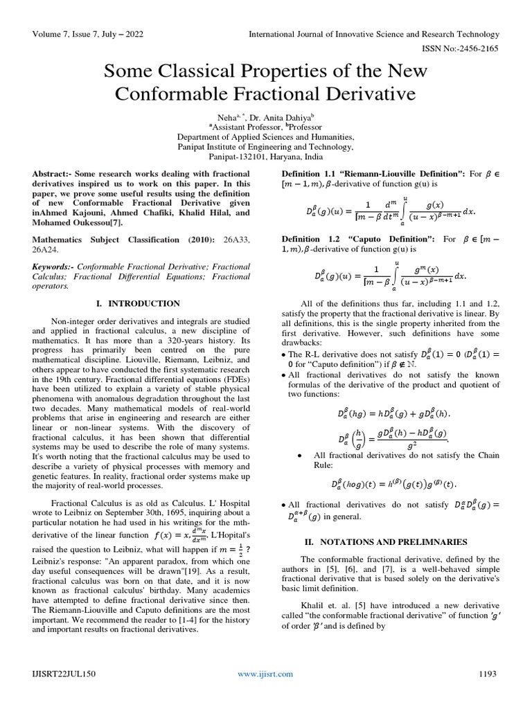Some Classical Properties of The New Conformable Fractional Derivative ...