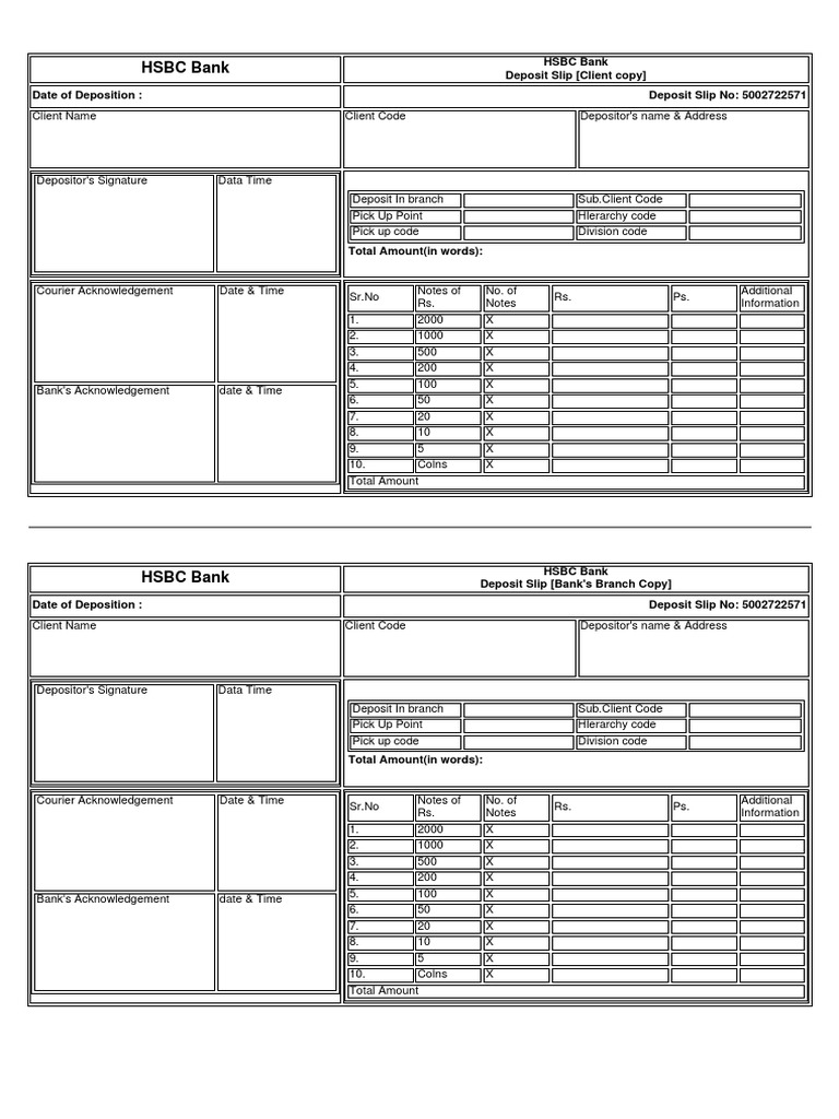 HSBC Bank HSBC Bank Deposit Slip (Client Copy) Date of Deposition