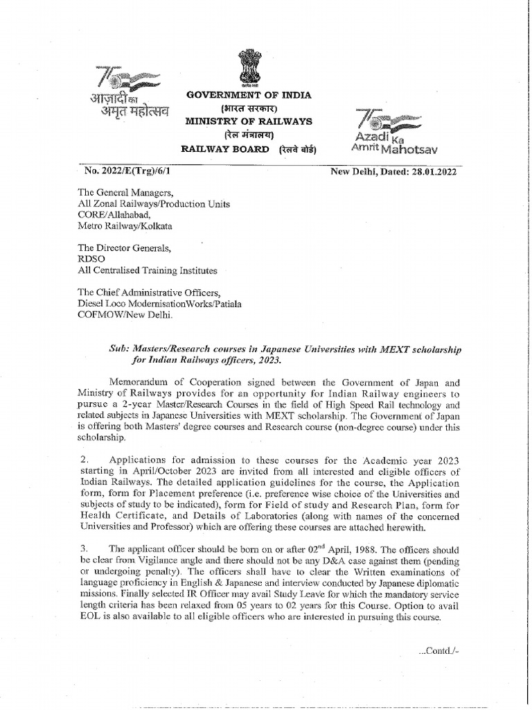 MEXT Scholarship - Letter To All Zonal Raiways & PUs | PDF