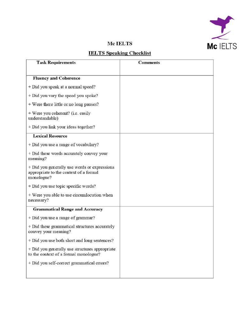 IELTS Speaking Checklist PDF