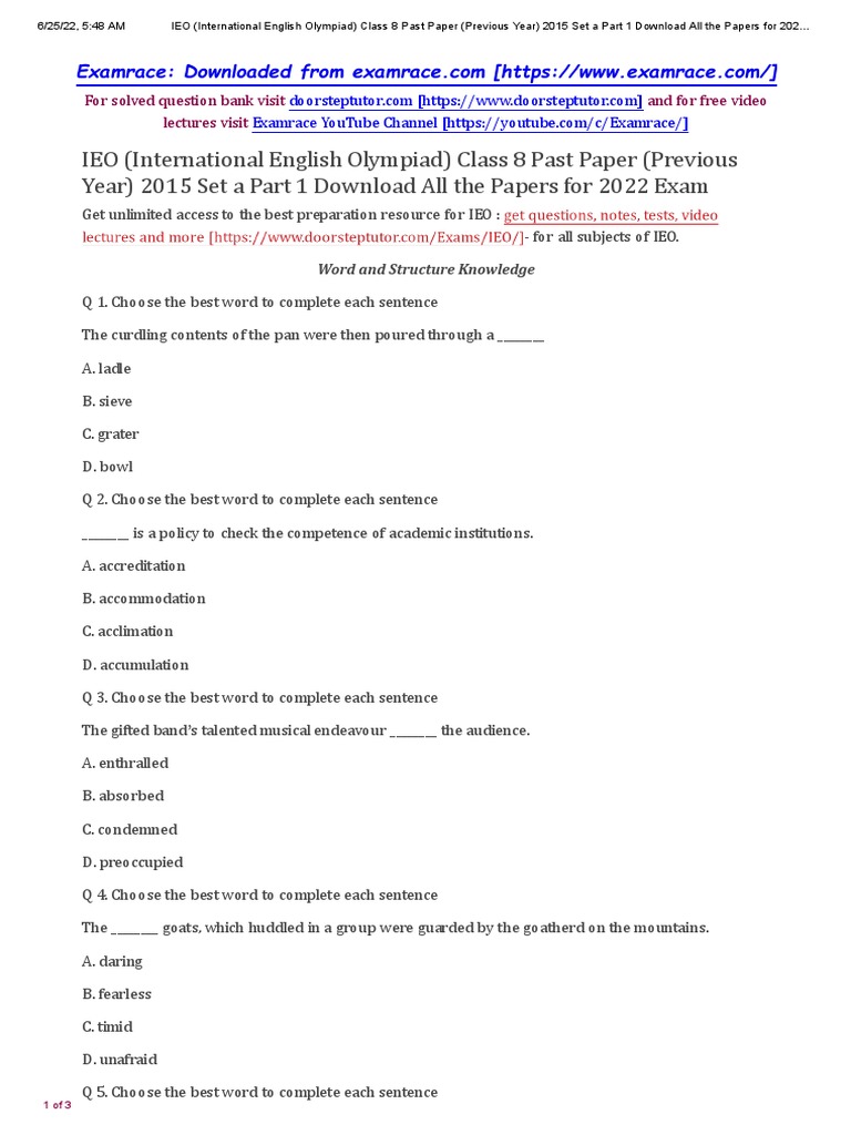 IEO Class 8 Paper 2015 Set A Part 1 PDF