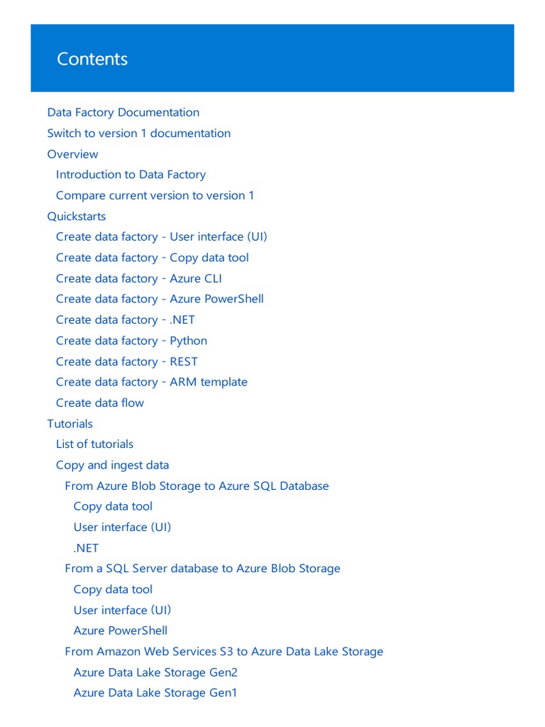Table of Contents for Azure Data Factory Documentation | PDF | Apache ...