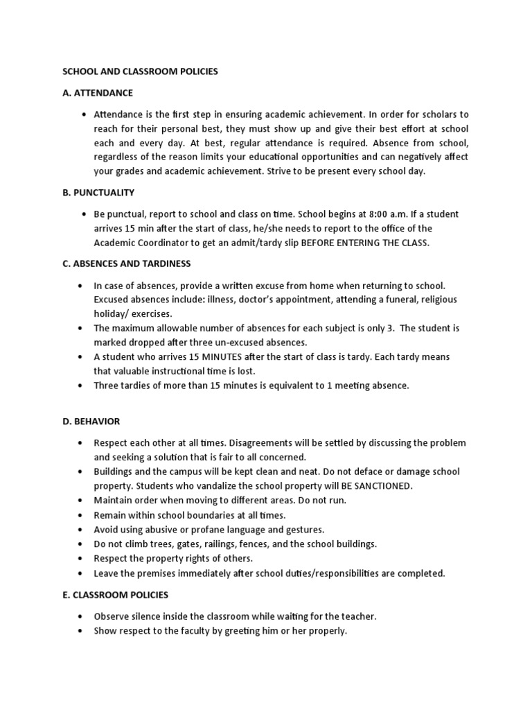 School and Classroom Policies A. Attendance | PDF