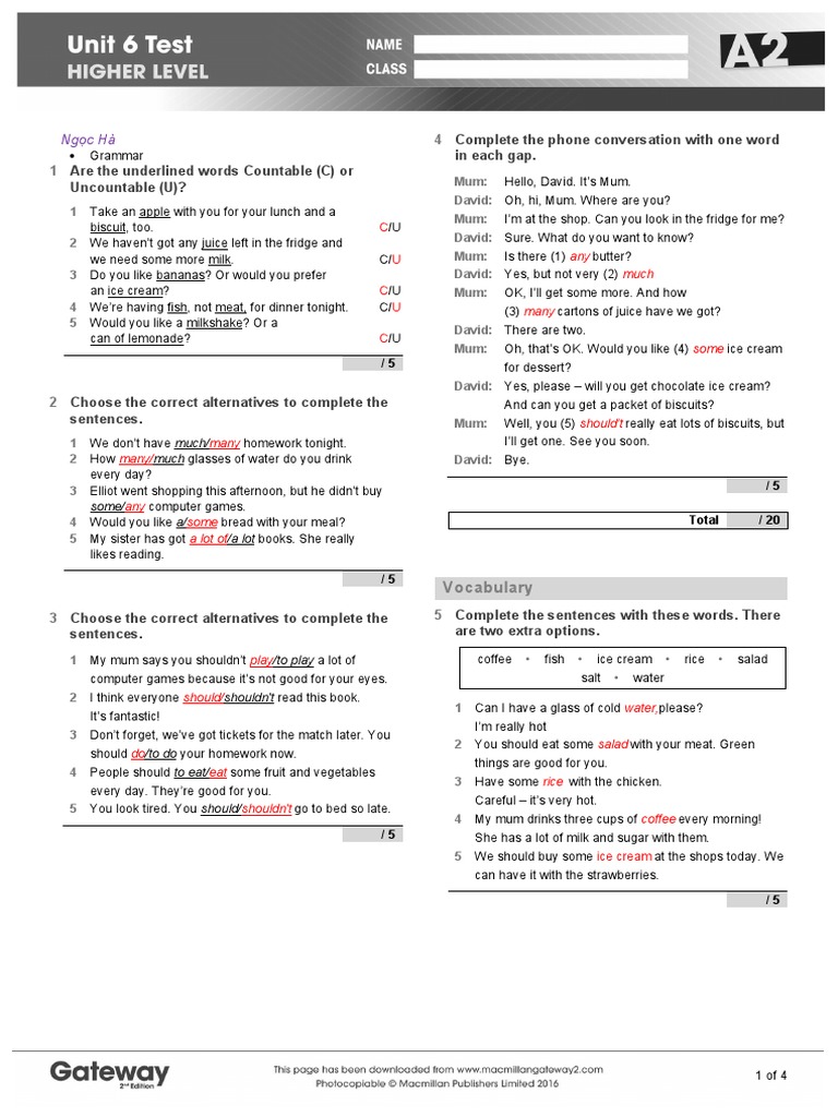 A2 Unit 6 English Test Overview | PDF | Fast Food | Foods