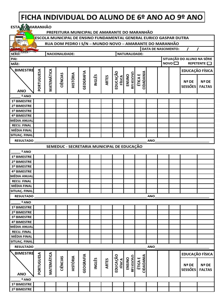 Ficha Individual Do Aluno de 6º Ano Ao 9º Ano | PDF