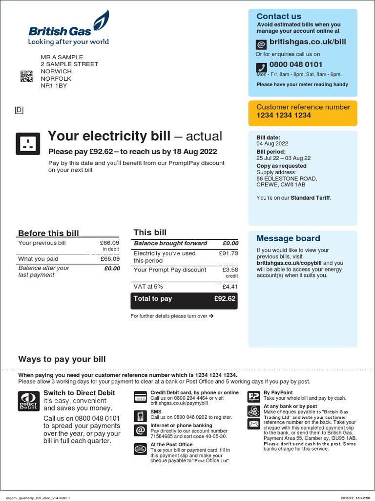 Your Electricity Bill Actual PDF Cheque Payments